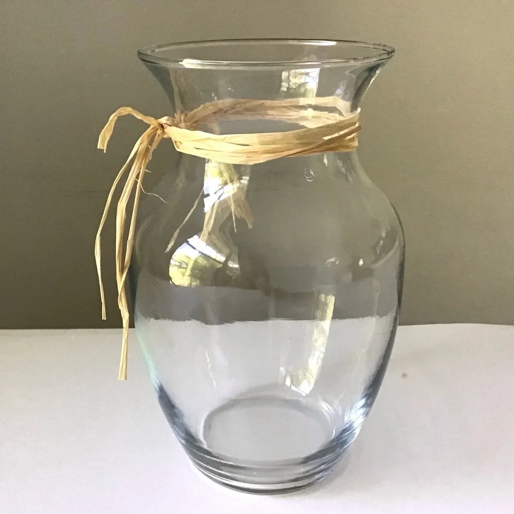 Clear Glass Vase with Natural Raffia Accent 7-3/4” Farmhouse Coastal Minimalist